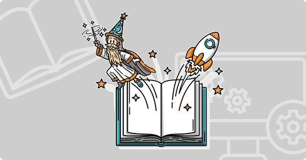 A wizard and a rocket coming out of a book.