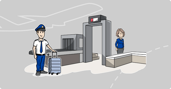 A pilot at the security check of an airport.