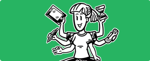 woman holding many devices