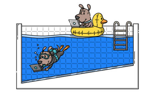 Pool with one dog diving with a laptop while a second dog is floating on the surface symbolizing deep work and shallow work.