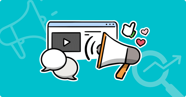 Two speech bubbles in front of a website header, next to a megaphone surrounded by two heards and a thumbs up emoji.