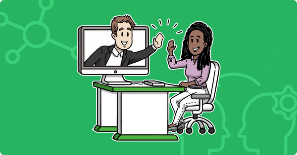 A man giving a high five to a woman sitting at a desk.