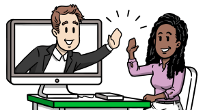 A man giving a high five to a woman sitting at a desk through her computer screen.