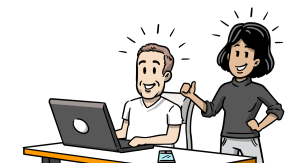 Two employees looking happily at a laptop.