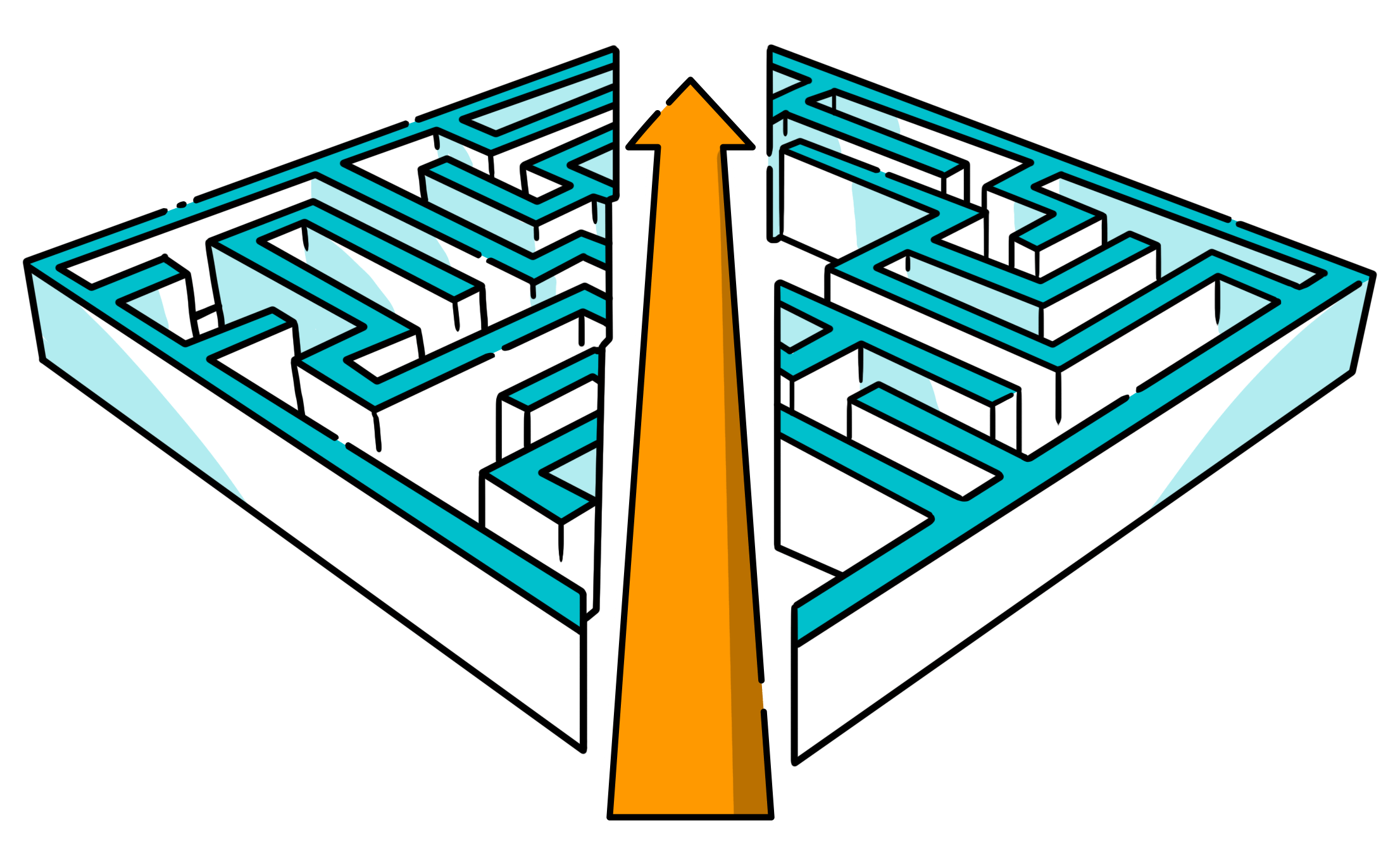 Ein orangefarbener Pfeil, der geradeaus durch ein Labyrinth führt und Komplexität reduzieren symbolisiert
