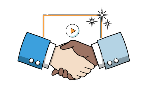 A handshake in front of a video player.