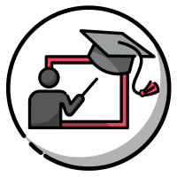 Person pointing at a whiteboard with a graduation cap on the right upper corner.