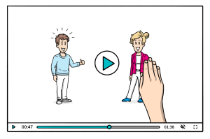 Eine Illustration eines Erklärvideos mit zwei Figuren, von denen eine von einer Hand auf dem Bildschirm platziert wird