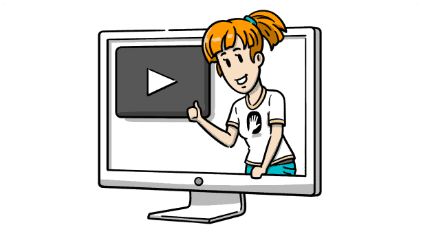 Ein Computerbildschirm mit einer bunten Illustration einer glücklich aussehenden Frau, die auf eine graue Play-Taste zeigt