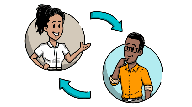 Bunte Illustrationen von zwei Mitarbeitern, die in Kreisen dargestellt sind und ein Gespräch führen, das durch zwei blaue Pfeile gekennzeichnet ist