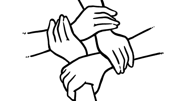 Eine Schwarz-Weiß-Illustration von zwei Händen, die sich gegenseitig halten