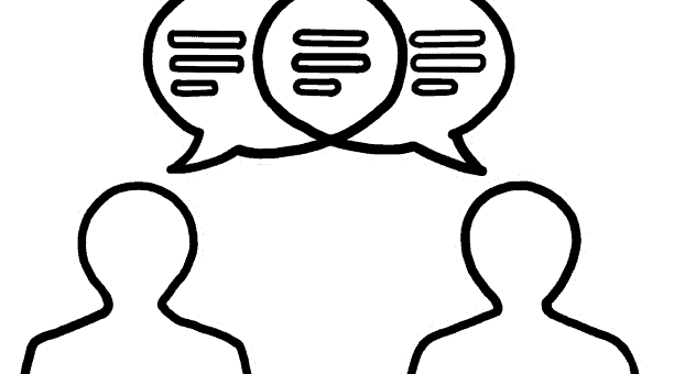 Zwei Figuren in Schwarz-Weiß, die einen Dialog führen, der durch zwei Sprechblasen über ihren Köpfen symbolisiert wird