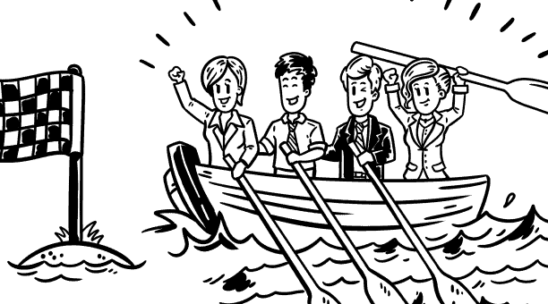 Vier glückliche Mitarbeiter in einem Boot, die ihr Ziel erreichen, das durch eine Flagge dargestellt wird