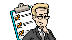 A blonde man holding his hand below his chin with a clipboard containing three checkboxes as a background. He's figuring out standards for compliance