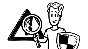 A black and white illustration of a man holding a protective shield and a magnifying glass