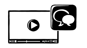 An illustration of a video player in black and white with an icon containing two speech bubbles appearing at the upper right corner