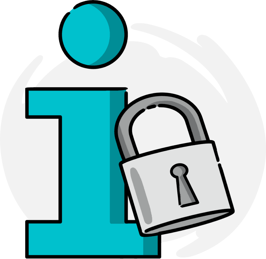 A teal information symbol next to a light grey padlock