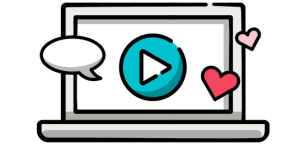 A laptop screen containing a speech bubble, a teal play button and two hearts symbolizing storytelling