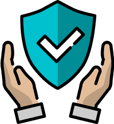 Two hands around a blue protective shield with a white checkmark on it