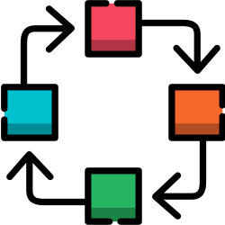 Four colorful interconnected elements indicating a technical process