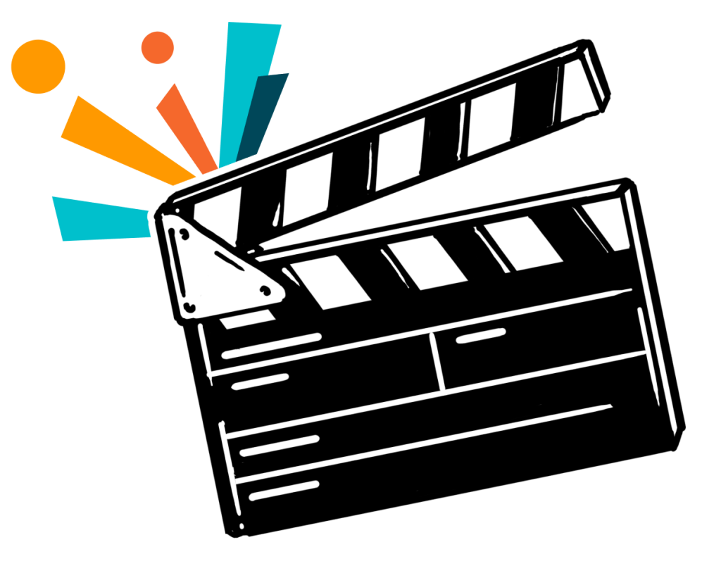A black clapperboard in front of a colorful burst