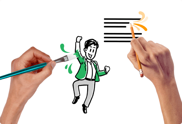 Illustration of two hands painting a man wearing green blazer with his fist in the air and another of text lines