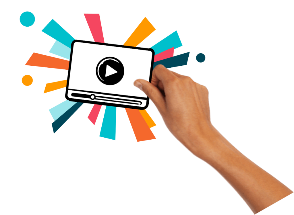 A hand holding a white video player in front of a burst of color