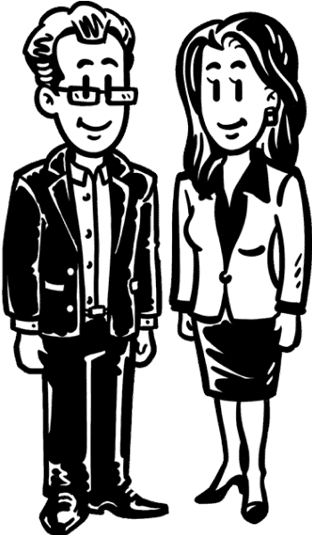 One male and one female figure in simpleshow's classic black and white illustration style