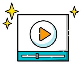 A video player surrounded by stars containing an orange play button depicting the fully customized video projects