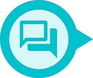 A blue icon containing a speech bubble dialogue symbolizing the first step of the interactive videos creation process