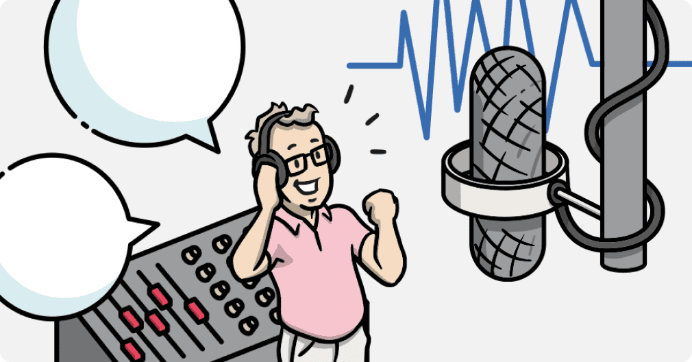 Ein Mann mit Kopfhörern, spricht in ein Mikrofon, um die professionelle Sprachausgabe darzustellen, die simpleshow anbietet