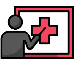 Eine Figur, zeigt auf einen Schreibtisch mit einem roten Kreuz, das auf die Gesundheits- und Sicherheitsschulungen hinweist