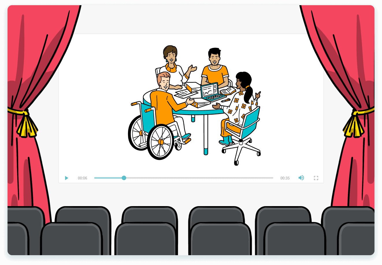 Ein Vorhang, zeigt eine Videoleinwand, auf der Personen zu sehen sind, als Hinweis auf den Storytelling-Ansatz von simpleshow