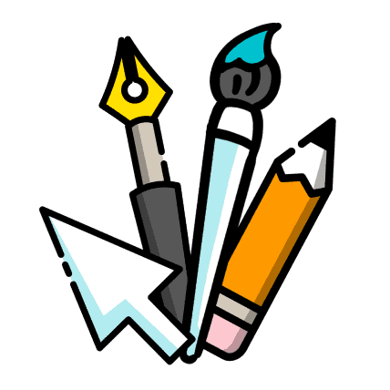 Ein Cursor, ein Stift, ein Pinsel und ein Bleistift, zeigen Add-Ons, die man auf der simpleshow-Plattform buchen kann