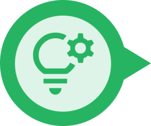 Ein grünes Symbol mit einem Zahnrad und einer Glühbirne, das den zweiten Schritt der Erstellung interaktiver Videos darstellt