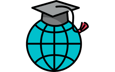 Ein blauer Globus mit einer Abschlusskappe darauf symbolisiert eLearning unterwegs mit Hilfe von interaktiven Videos