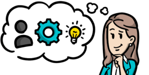 Eine Denkblase mit der Illustration einer Figur, einem Zahnrad und einer Lichtblase, zeigt eine erhöhte Informationsaufnahme