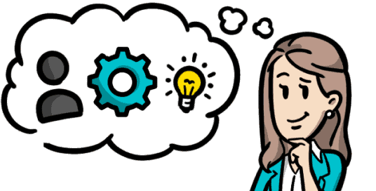 A person remember key takeaways symbolised by a gear, a lighbulb and a person.