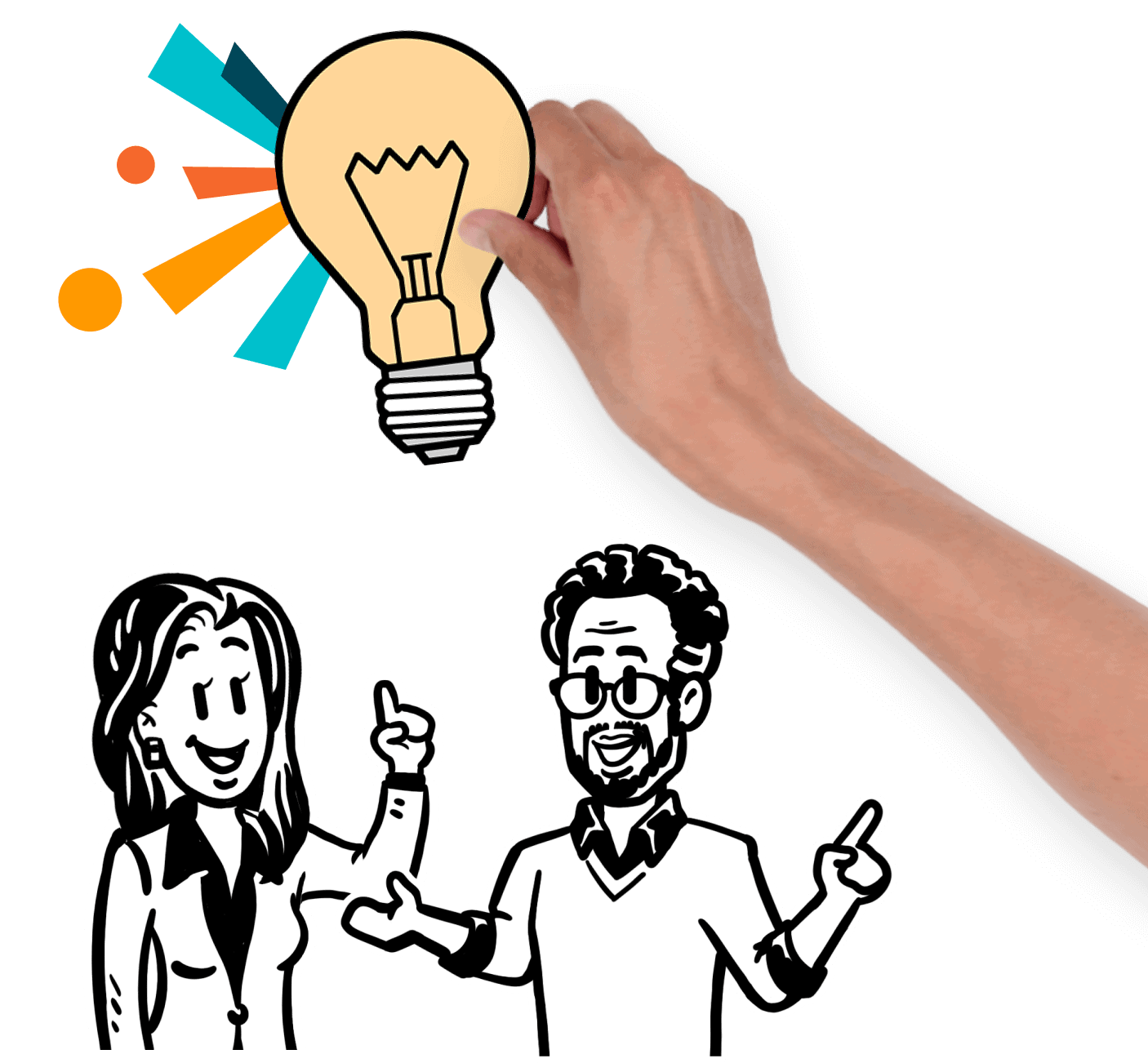 Two illustrations of a woman and a man in simpleshow classic style with a light bulb placed above their heads by a human hand