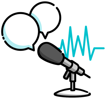 An illustration of a mic with two speech bubbles coming out of it