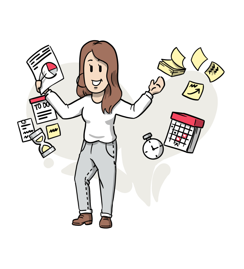 An illustration of a project manager holding a piece of paper surrounded by elements signifying project implementation