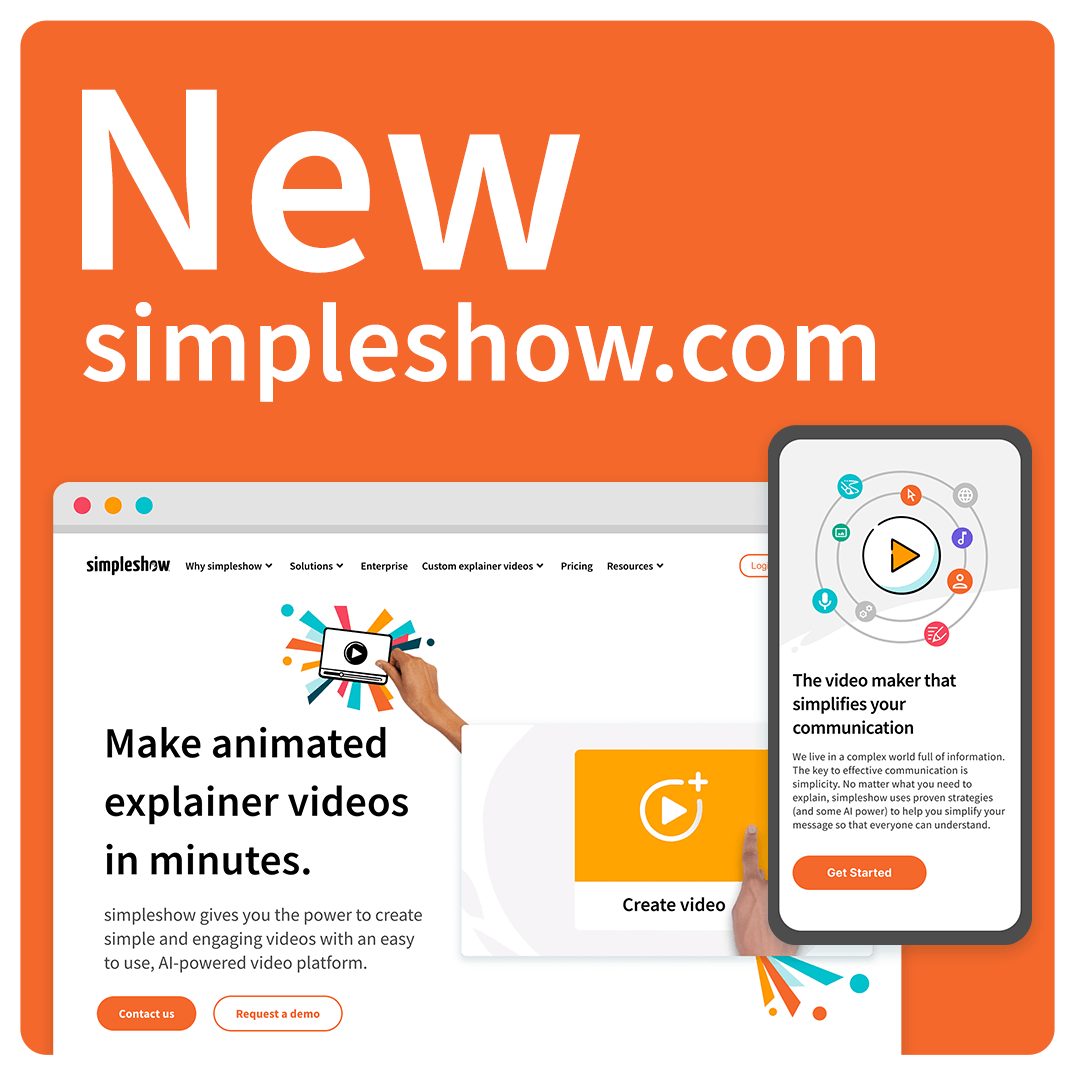 Showcase of the homepage on the new simpleshow website on desktop and mobile on an orange background