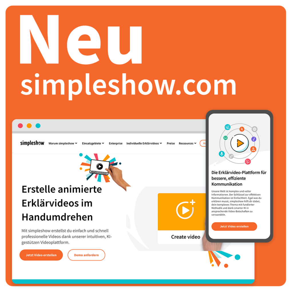 Showcase der Startseite der neuen simpleshow-Website auf dem Desktop und auf dem Handy auf orangefarbenem Hintergrund