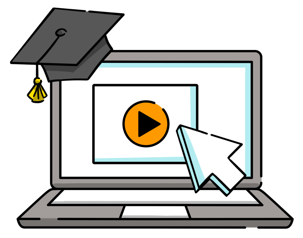 An open laptop with a graduation cap on it containing an orange play button and a cursor signifying how interactive videos can be used in corporate training