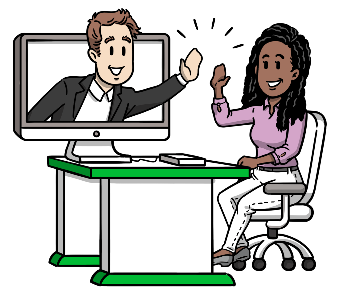 An employee giving another employee high five from a computer screen signifying an engaging employee training video