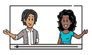 Two characters in video frame making a welcoming gesture as a part of a video introduction.