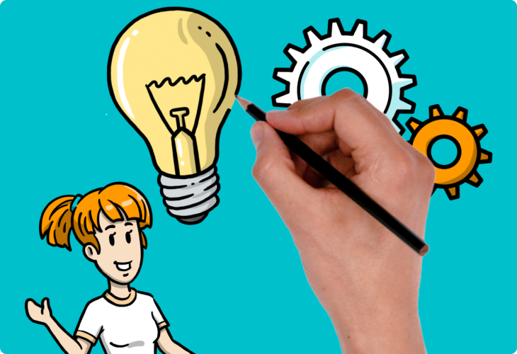 A human hand on a teal background holding a pencil drawing a light bulb next to two gear wheels signifying the power of visual communication