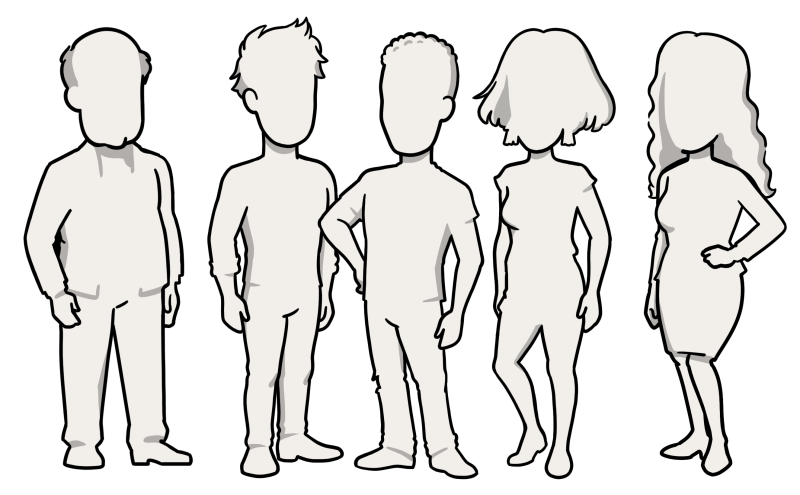 Five silhouettes of people standing next to each other.