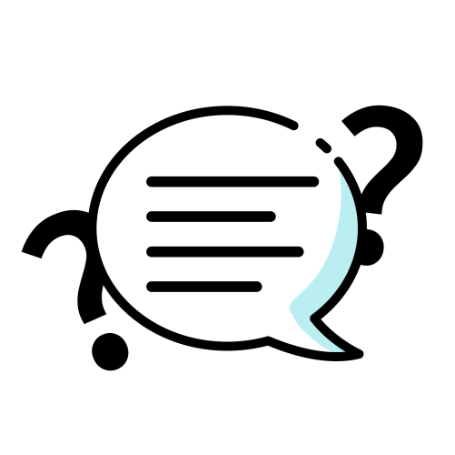 An icon of a speech bubble surrounded by question marks signifying FAQs
