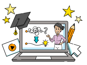 A laptop surrounded by a video player, a graduation hat, a pencil and a mouse cursor is showing the simplification of a complex topic as part of corporate Learning & Development.